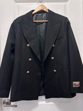 Black Double-Breasted Pea Coat with Gold Buttons - Women
